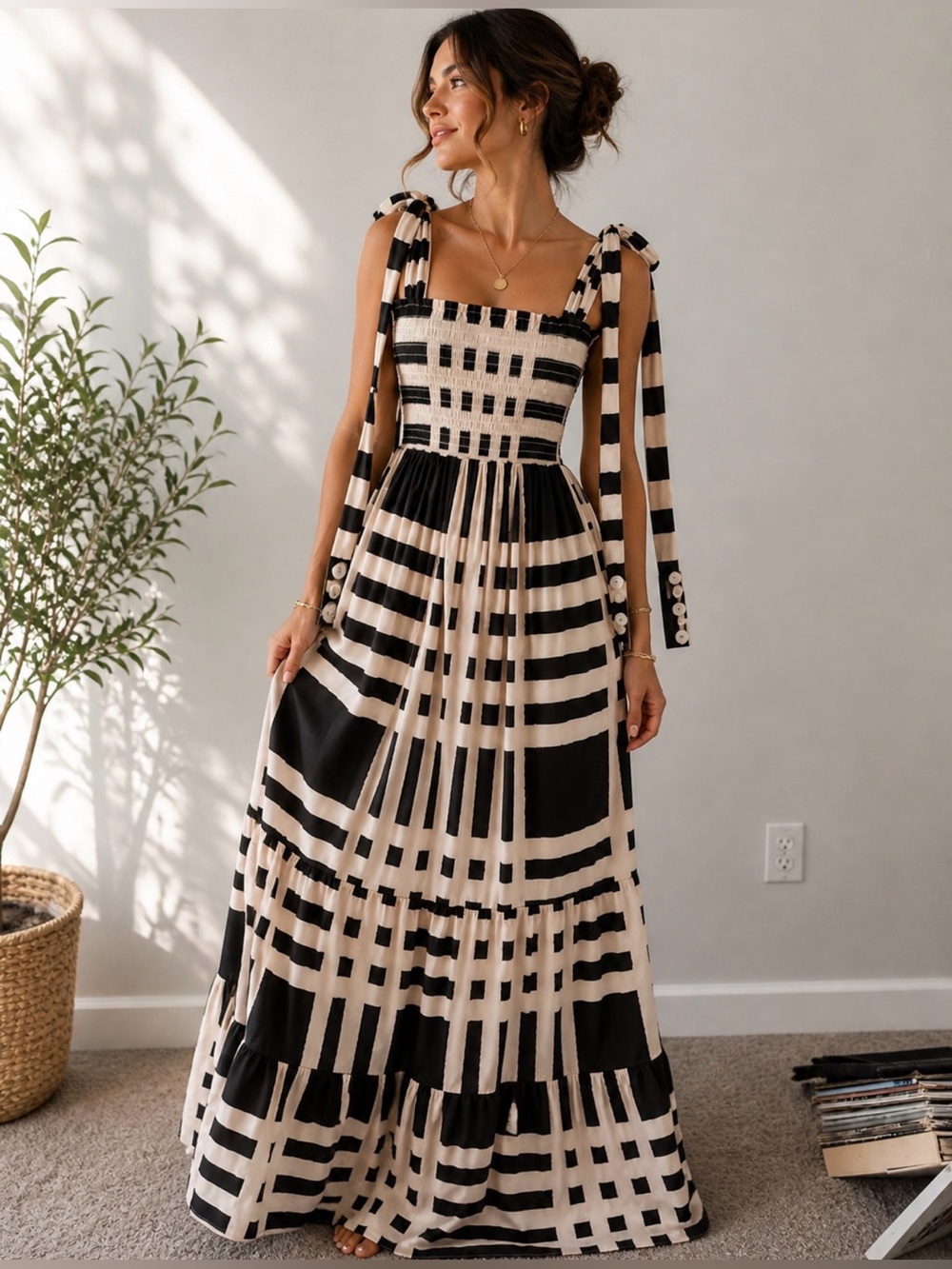 NWT Sheridan French Kelly Dress Black Beige Gingham Smocked Maxi Size S